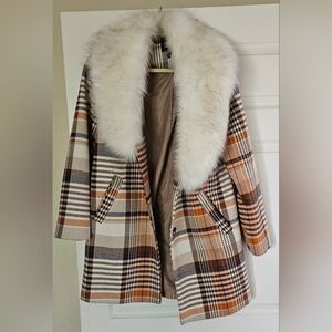 Plaid coat faux fur collar
